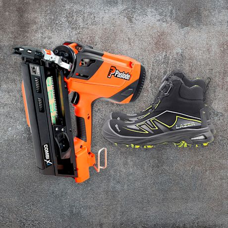 Onnekkaalle testaajalle impulssirunkonaulain Paslode Combi Xi 35-50 mm ja 50-90 mm sekä Sievi Lazer Roller High+ S3 -turvanilkkurit.