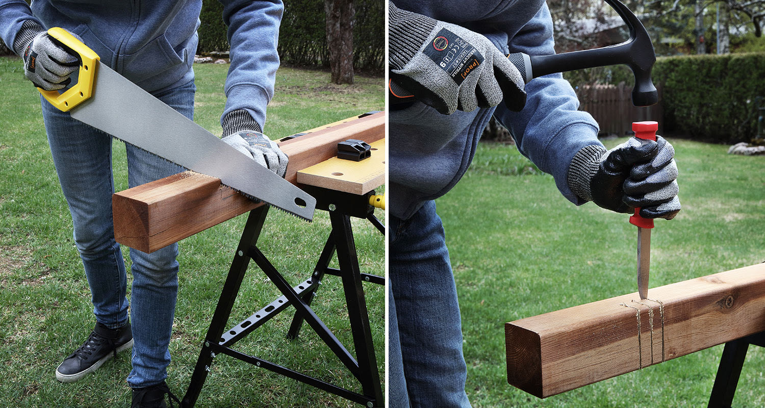 Siniseen huppariin pukeutunut henkilö sahaamassa käsisahalla ja talttaamassa puupalkkia pihalla.