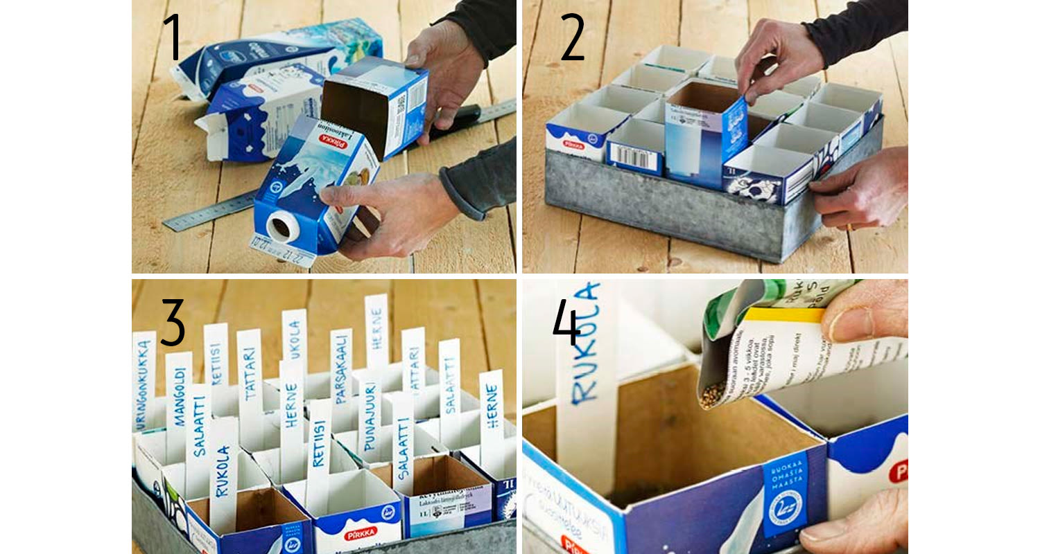 Leikattuja sinivalkoisia maitopurkkeja metallisessa ruudukossa, istutusmerkkejä ja siemeniä.