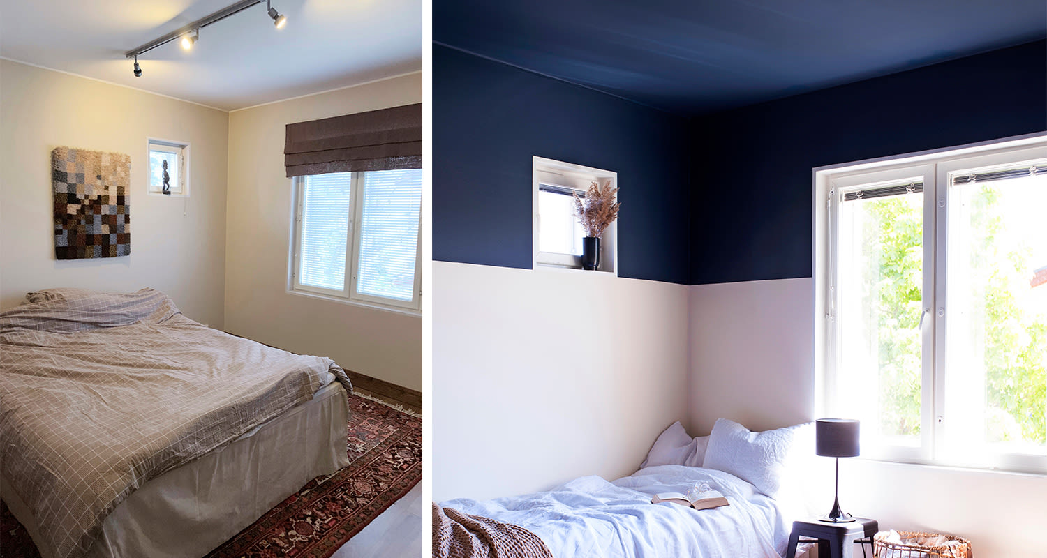 Huone ennen: beige sänky, mosaiikkitaulu. Jälkeen: sinivalkoinen seinä, valkoinen peti, musta lamppu
