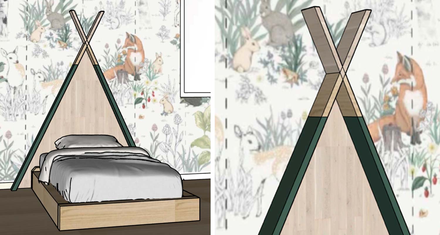 Puinen tiipii-pääty vihreillä reunoilla sängyn takana, metsäkuvioinen tapetti ketuilla ja pupuilla.