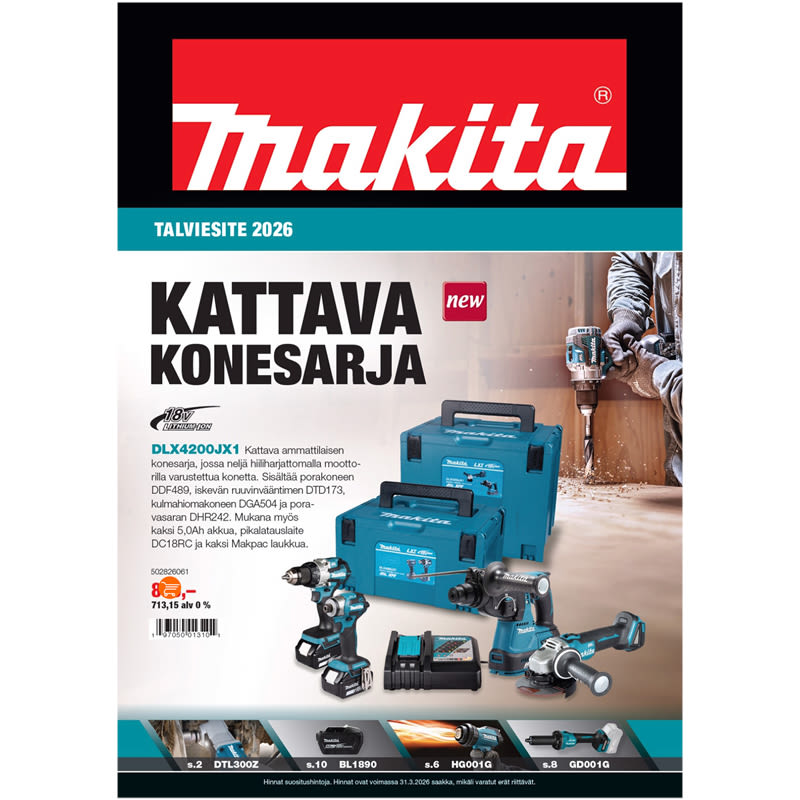 Kuvassa Makitan uusin talviesite vuodelle 2026. Esitteen kannessa suuri ja kattava konepaketti.