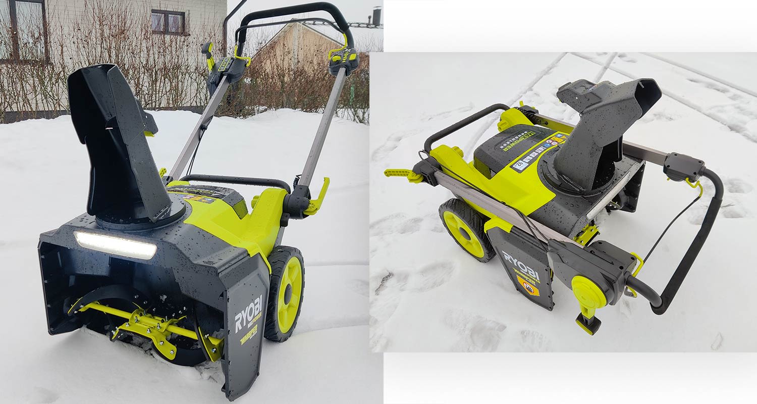 Ryobin akkukäyttöinen lumilinko mallia RY36STX53A-150 Max Power 36V 1x5,0Ah kasattuna ja aisa taitettuna pihamaalla, myynnissä K-Raudassa