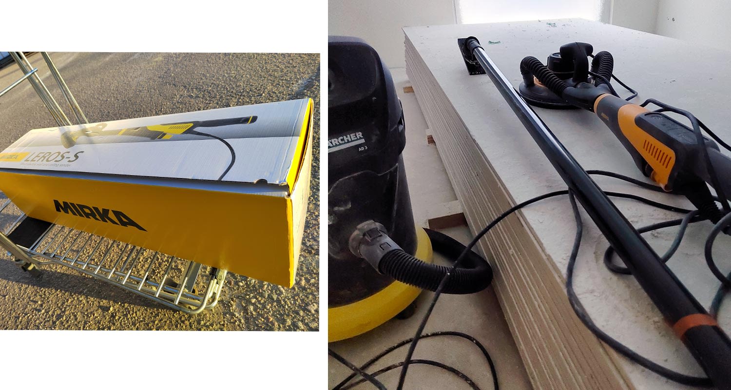 Mirka varsihiomakoneen pakkaus ja kone työmaalla testikäytössä