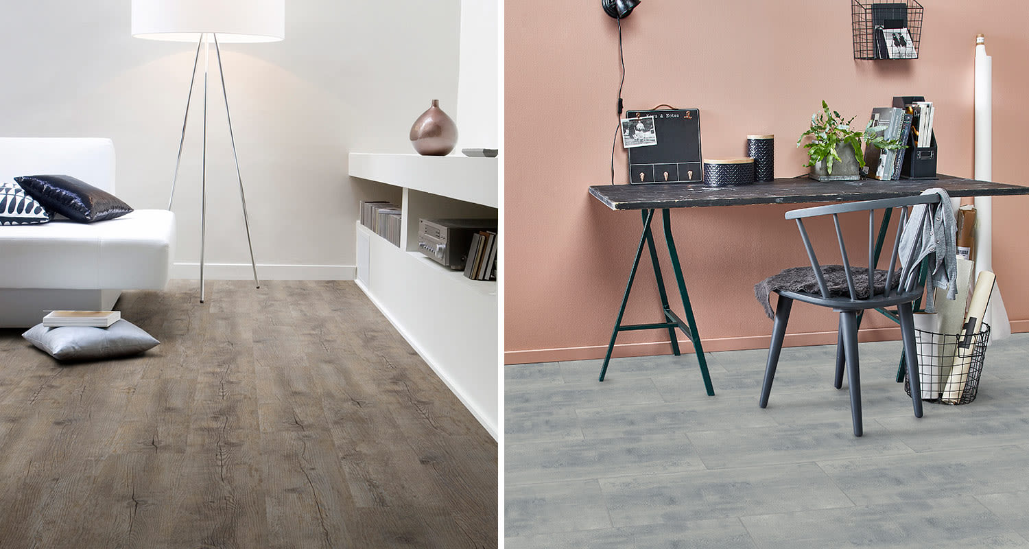 ruskea vinyylilankku olohuoneen lattiassa ja harmaa vinyylilankku työhuoneen lattiassa