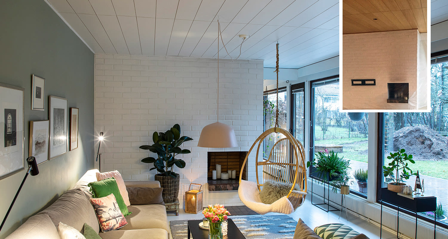 Valkoiseksi maalattu katto ja vanha paneelikatto ennen maalausta