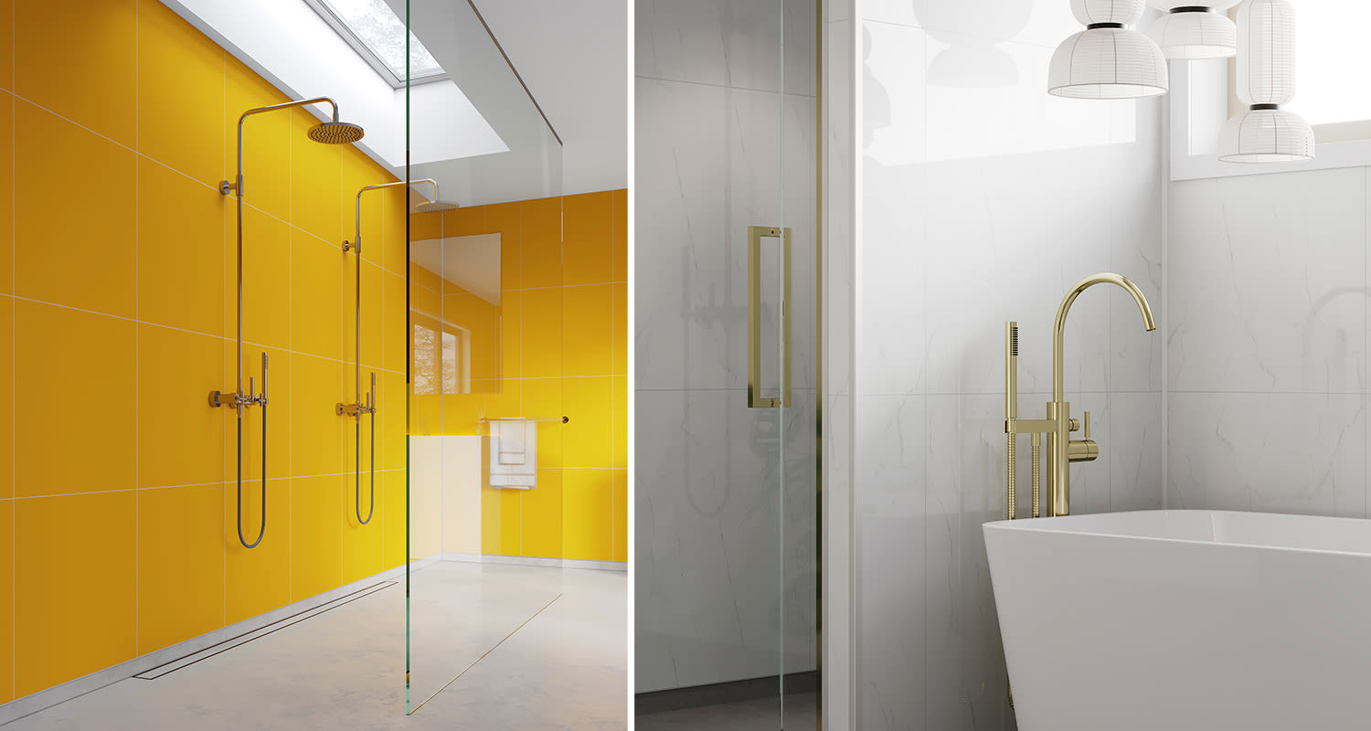 Keltaista Fibo-levyä suihkuseinässä sekä marmorikuvioitua vaaleaa Fibo-levyä toisessa kylpyhuoneessa