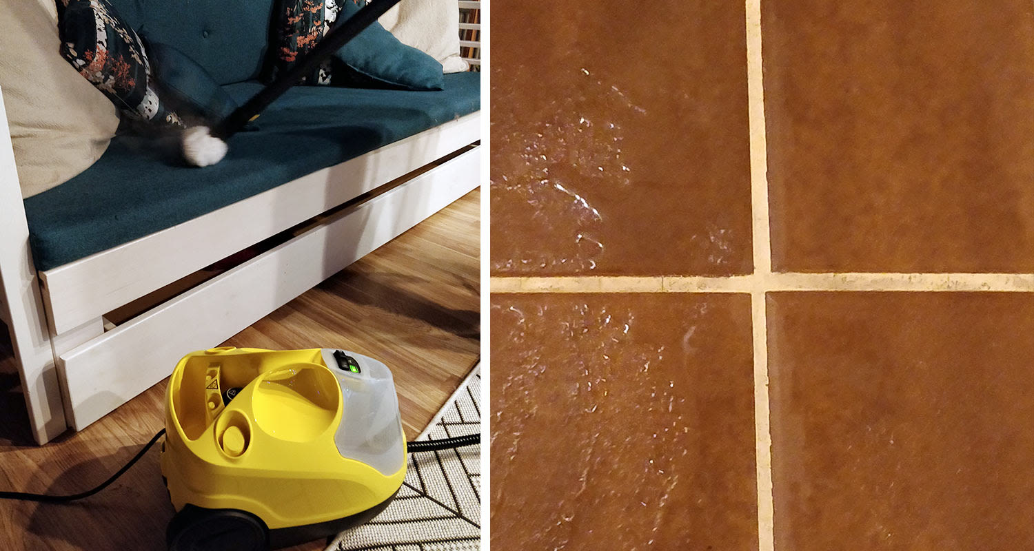 Kärcherin höyrypuhdistimella puhdistettu sohva ja seinälaatan pystysauna