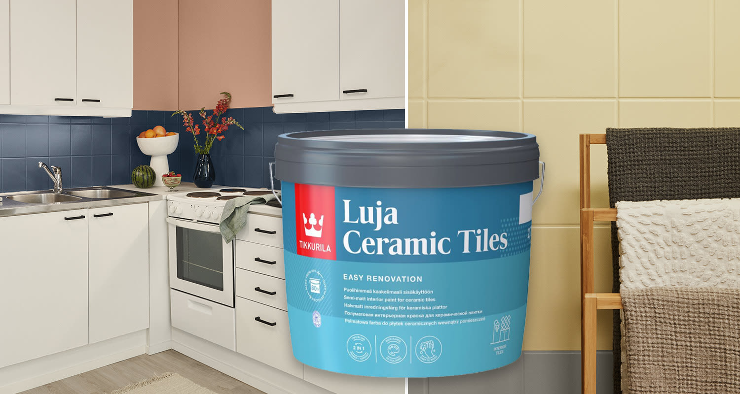 Tikkurila Luja Ceramic Tiles -kaakelimaalia keittiön välitilan laatoissa ja kylpyhuoneen seinälaatoissa.