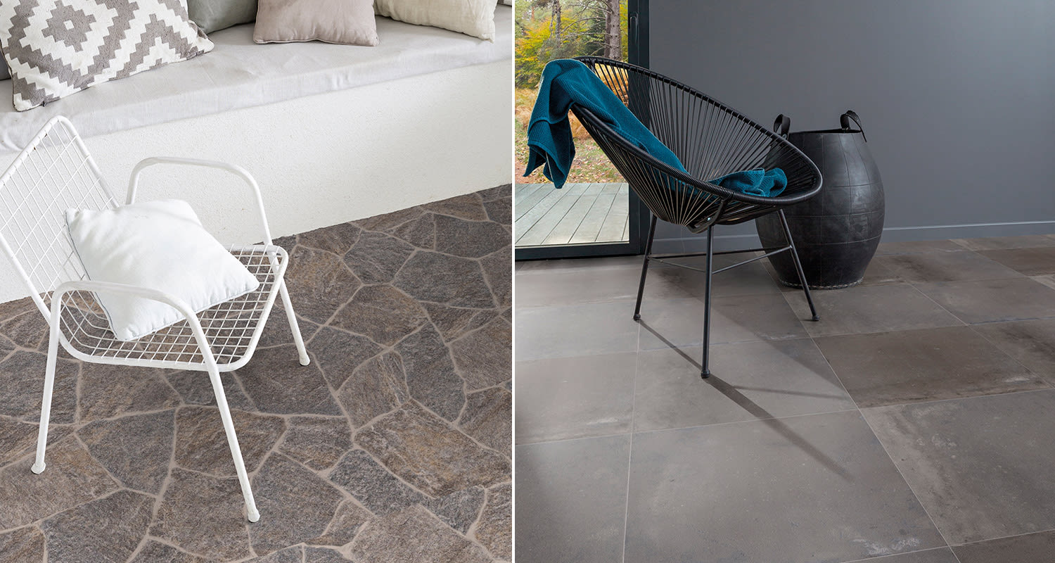 Kivikuvioinen ja laattakuvioinen muovimatto olohuoneen laittiassa