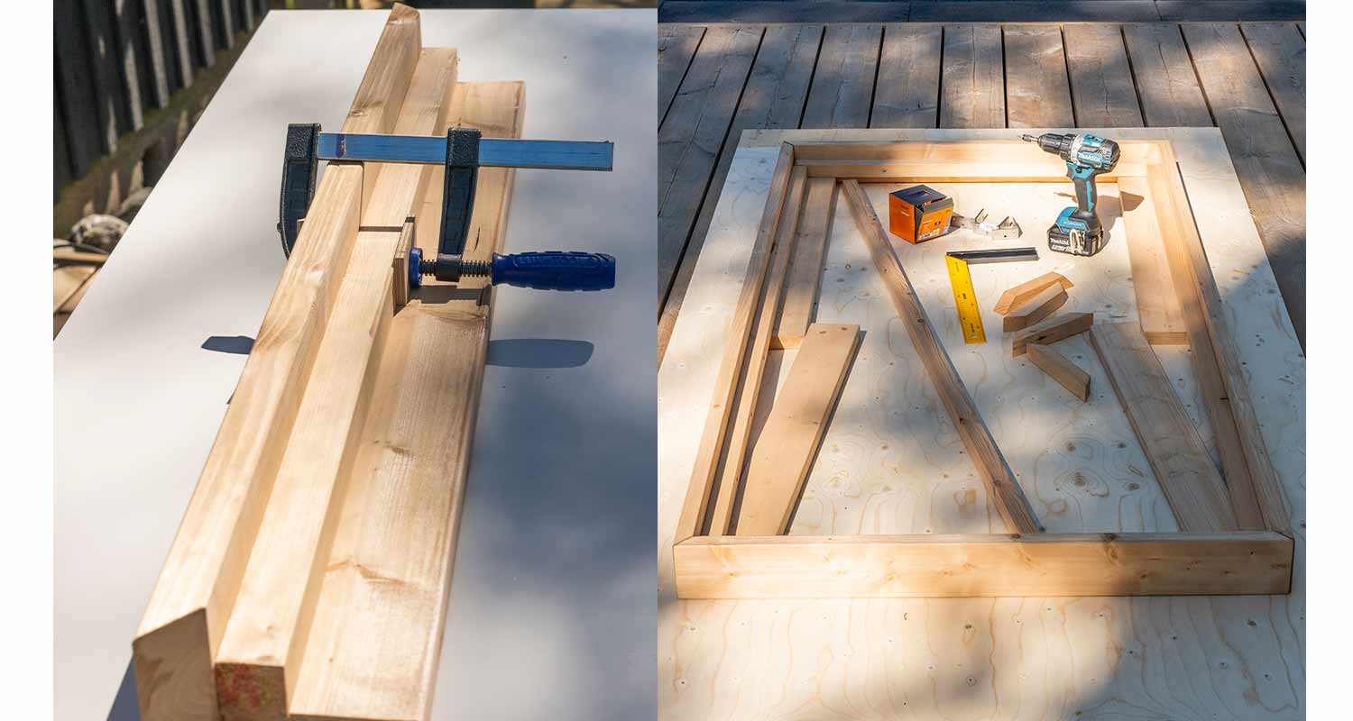 Vaaleat puulankut sinisessä puristimessa, vieressä puukehys, porakone ja mittavälineitä terassilla.