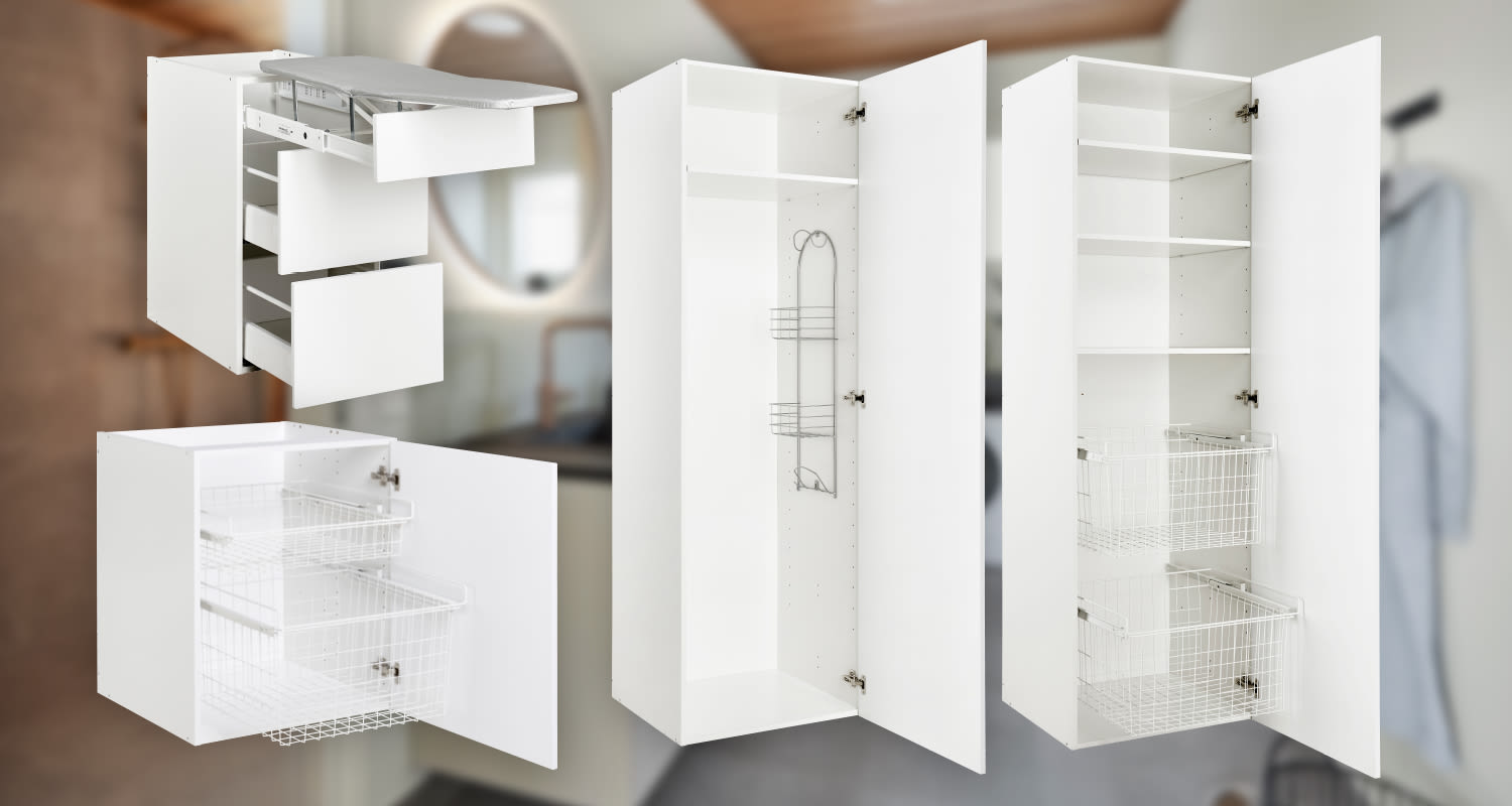 Erilaisia kaappeja kodinhoitohuoneeseen.