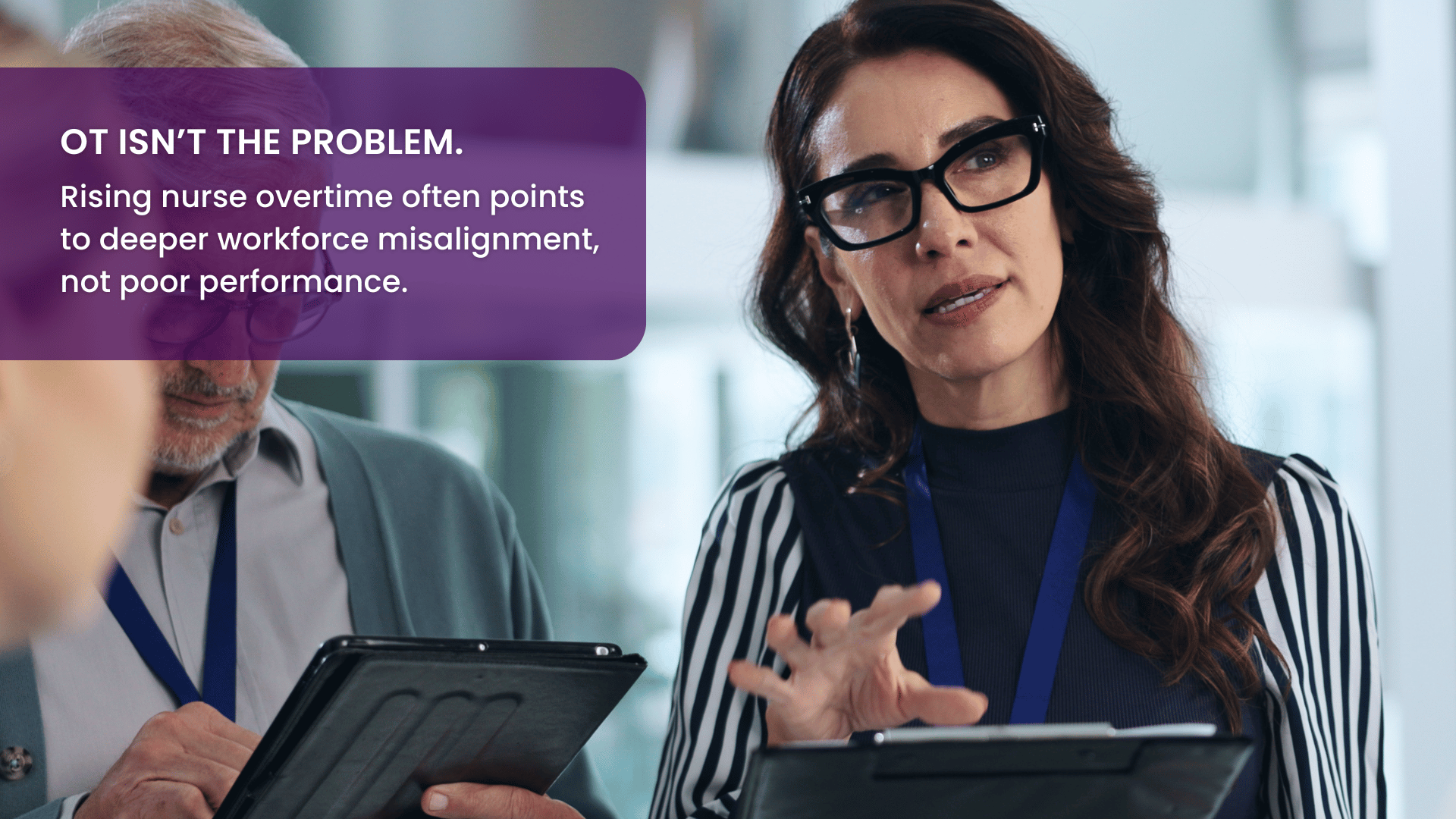 Hospital CNO and healthcare executives reviewing nurse overtime trends to identify workforce misalignment.