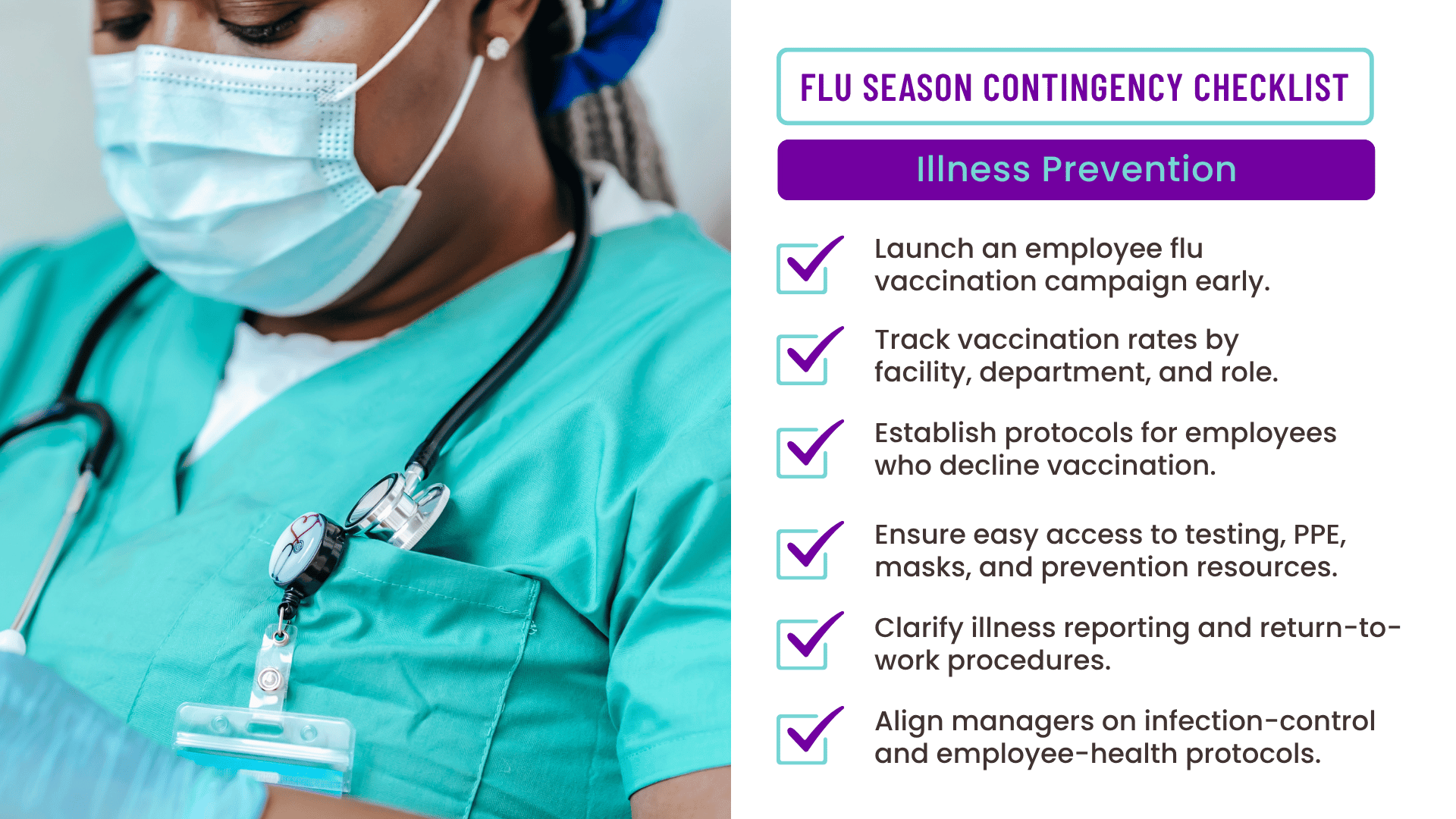 Nurse wearing a protective mask as part of hospital flu vaccination and infection prevention protocols.