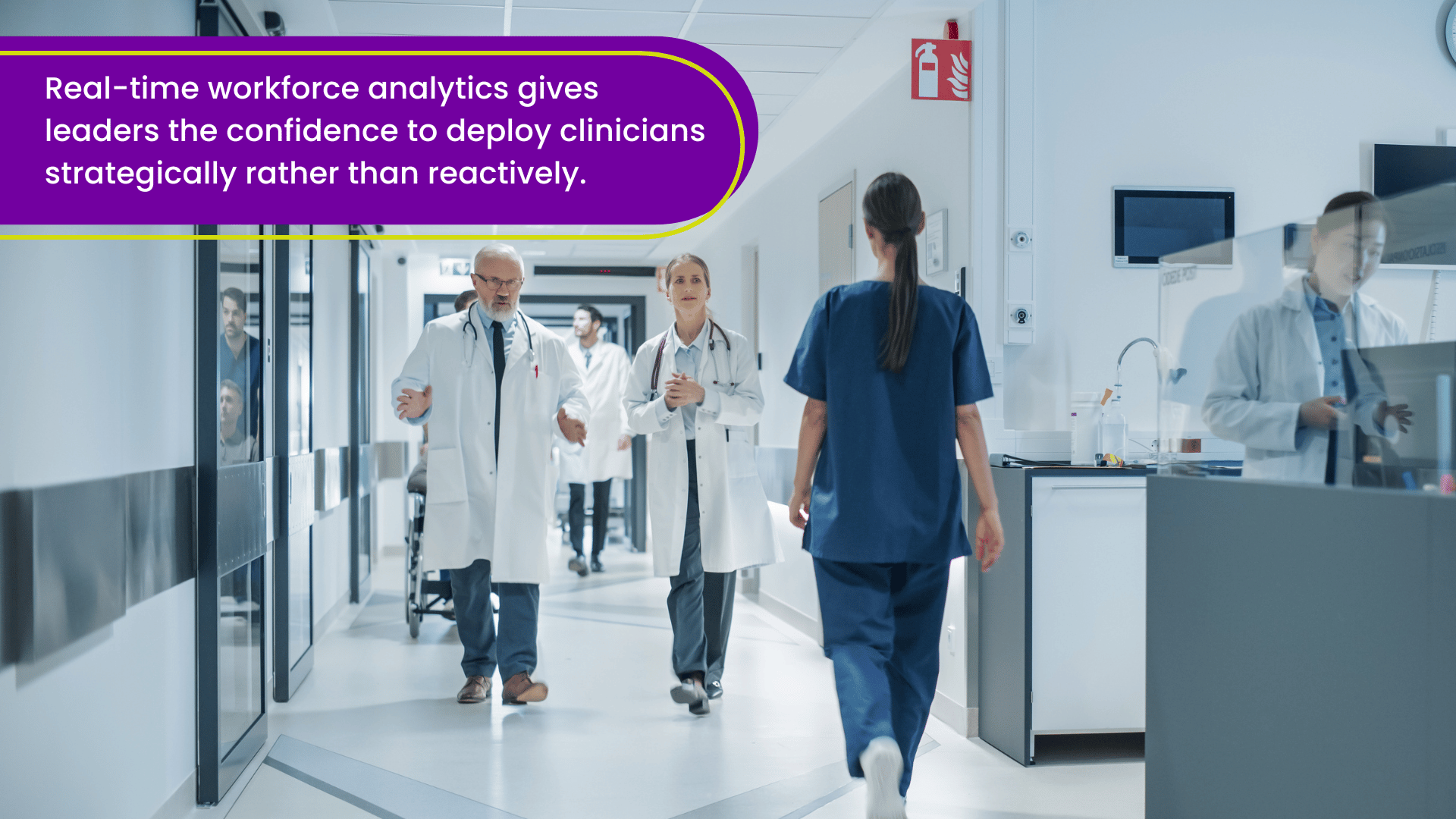 Busy hospital hallway illustrating how real-time workforce analytics support strategic workforce planning and clinician deployment.