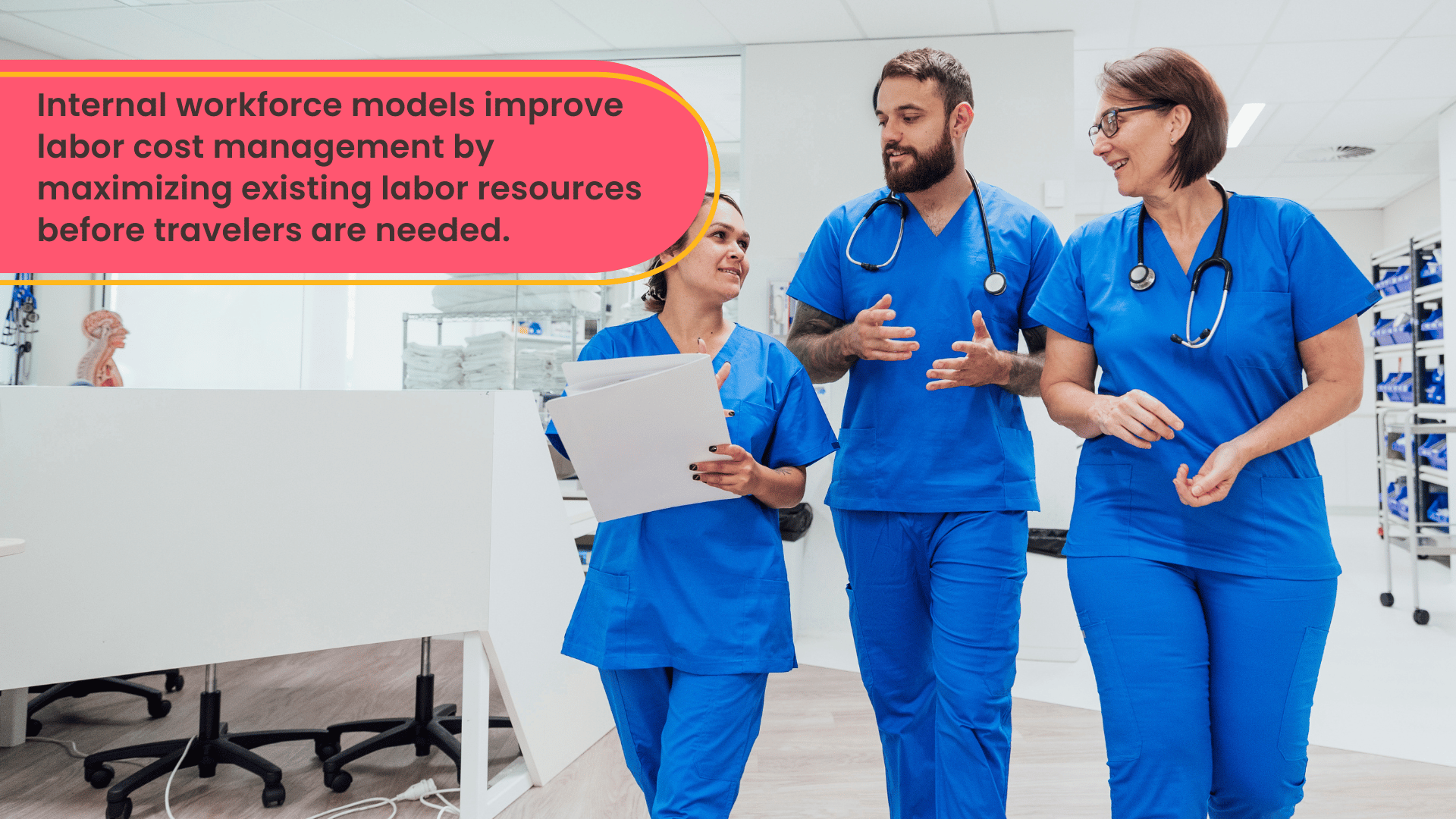 Hospital nurses walking and collaborating during shift change, representing workforce flexibility and internal labor coordination during periods of high patient demand.