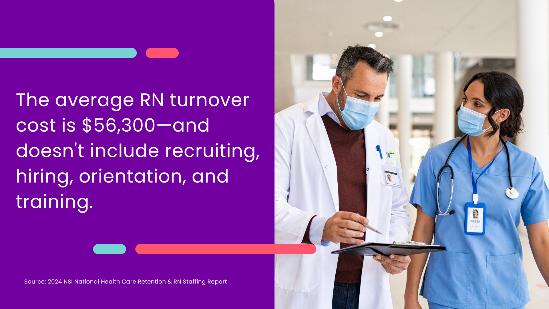 An image of a doctor and nurse wearing masks inside a hospital, with text that says the average RN turnover cost is $56,300. 