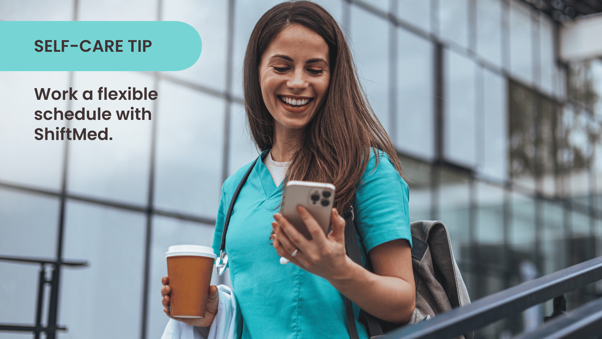 A hospital nurse leaves work looking at the open shifts available on a flexible nursing job app.