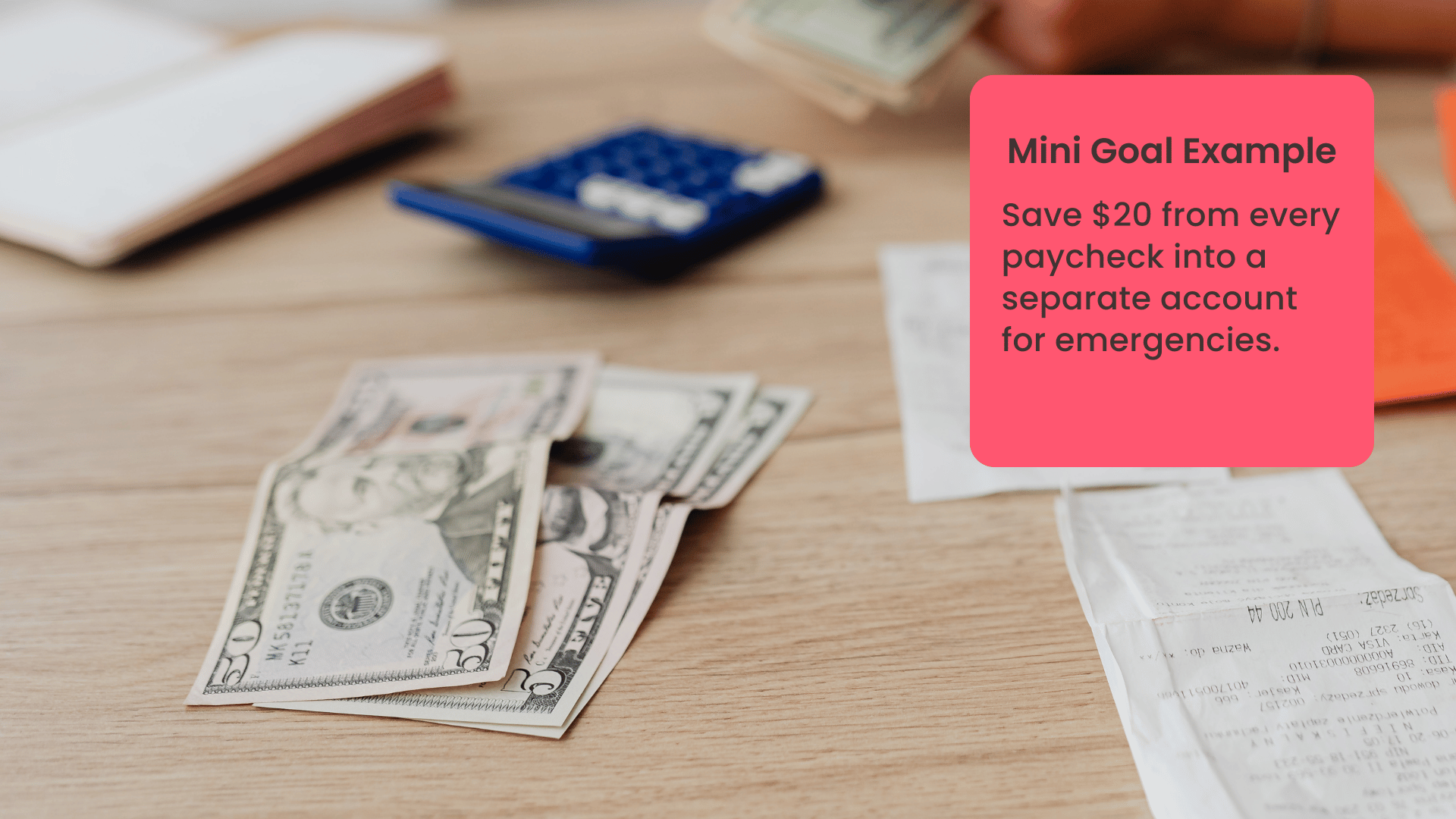 A person paying bills with money and receipts on a desk with text overlay that gives an example of a financial goal for nurses.