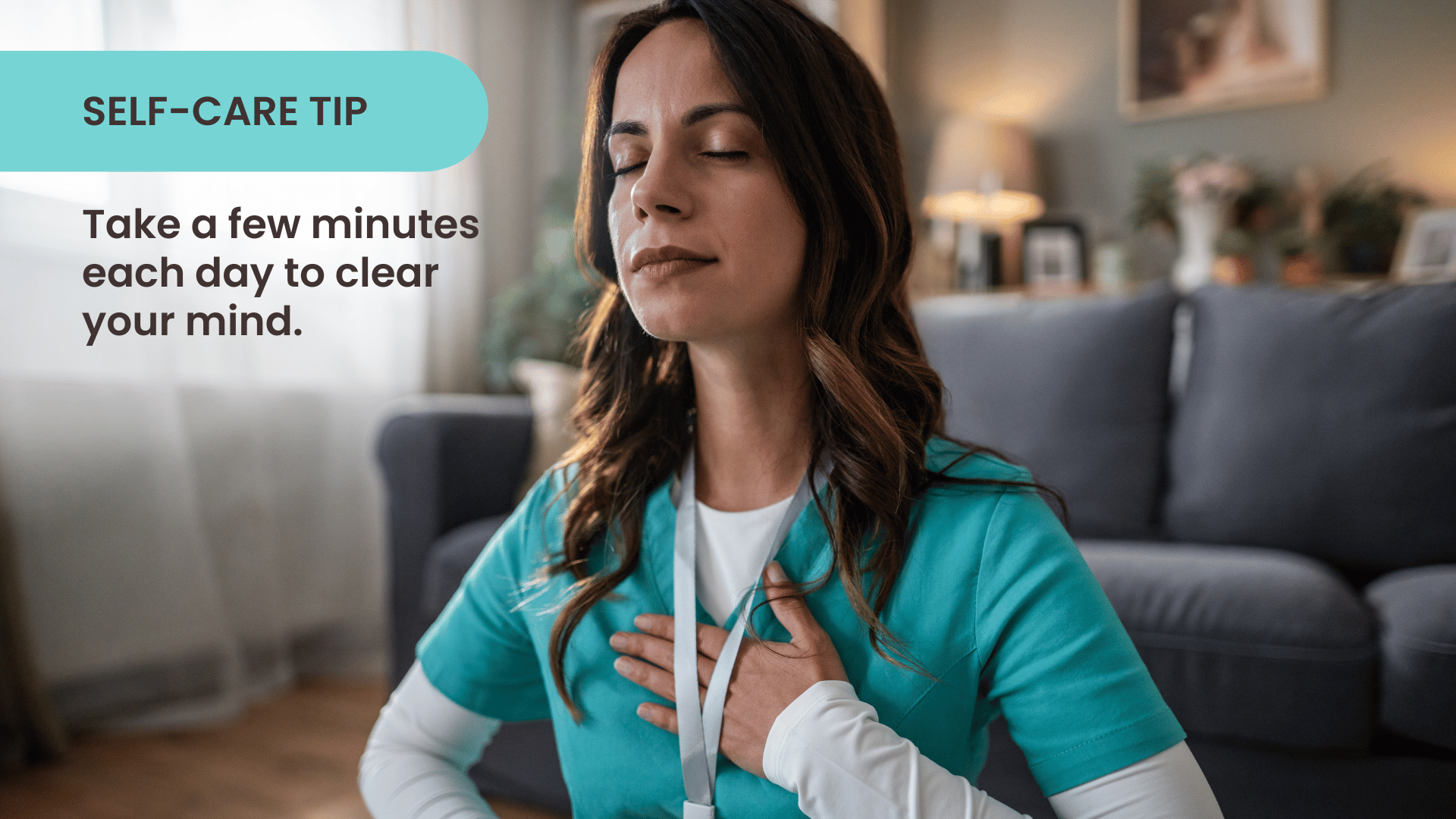 A nurse practices meditation in her living room to highlight a practical self-care tip for nurses to clear their minds after a long shift.