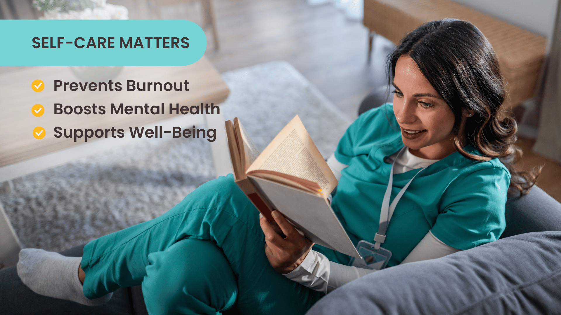 A nurse at home reading a book on her couch to represent why self-care matters in nursing, from burnout prevention to better mental health.