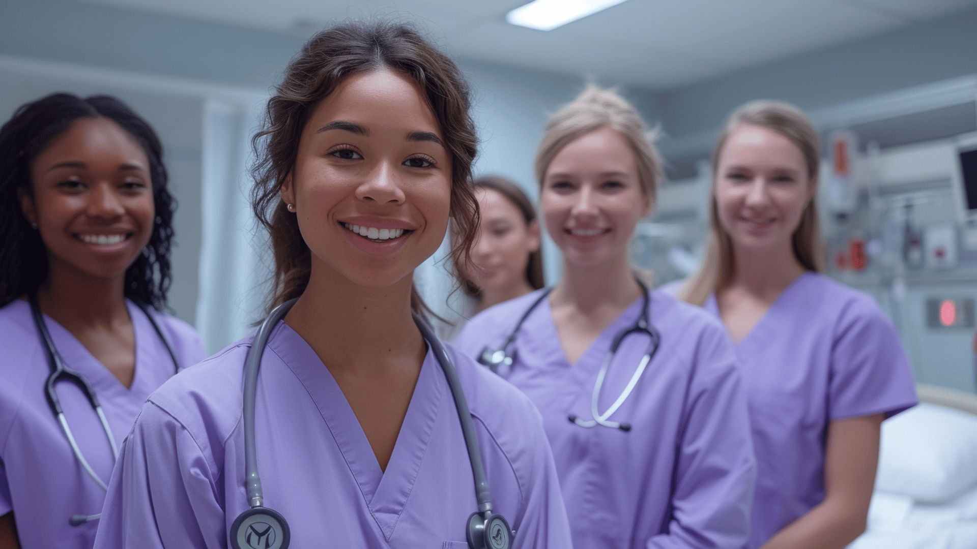 Healthcare team of nurses with younger nurse front and center