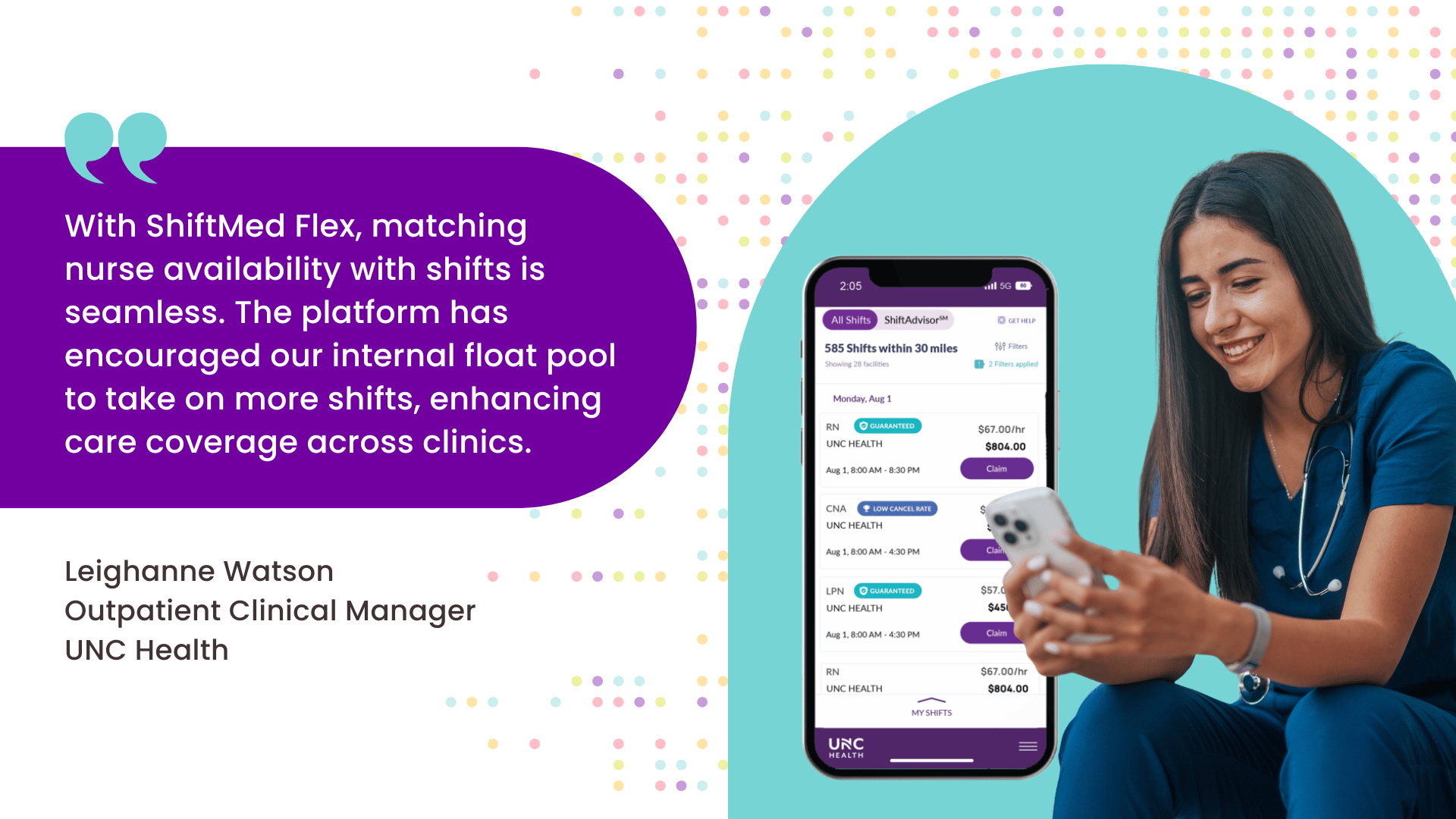 A nurse sitting down looking at her phone with a customer testimonial about how ShiftMed helps boost float pool engagement.