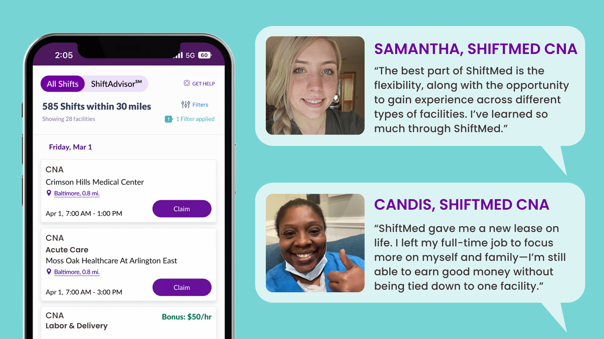 An image of the ShiftMed app highlighting flexible CNA shifts, paired with real testimonials from CNAs who love the freedom and experience ShiftMed offers.