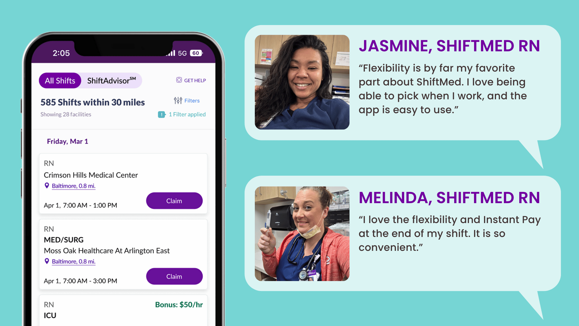 An image of the ShiftMed app highlighting flexible RN shifts, paired with real testimonials from RNs who love the flexibility and Instant Pay ShiftMed offers.