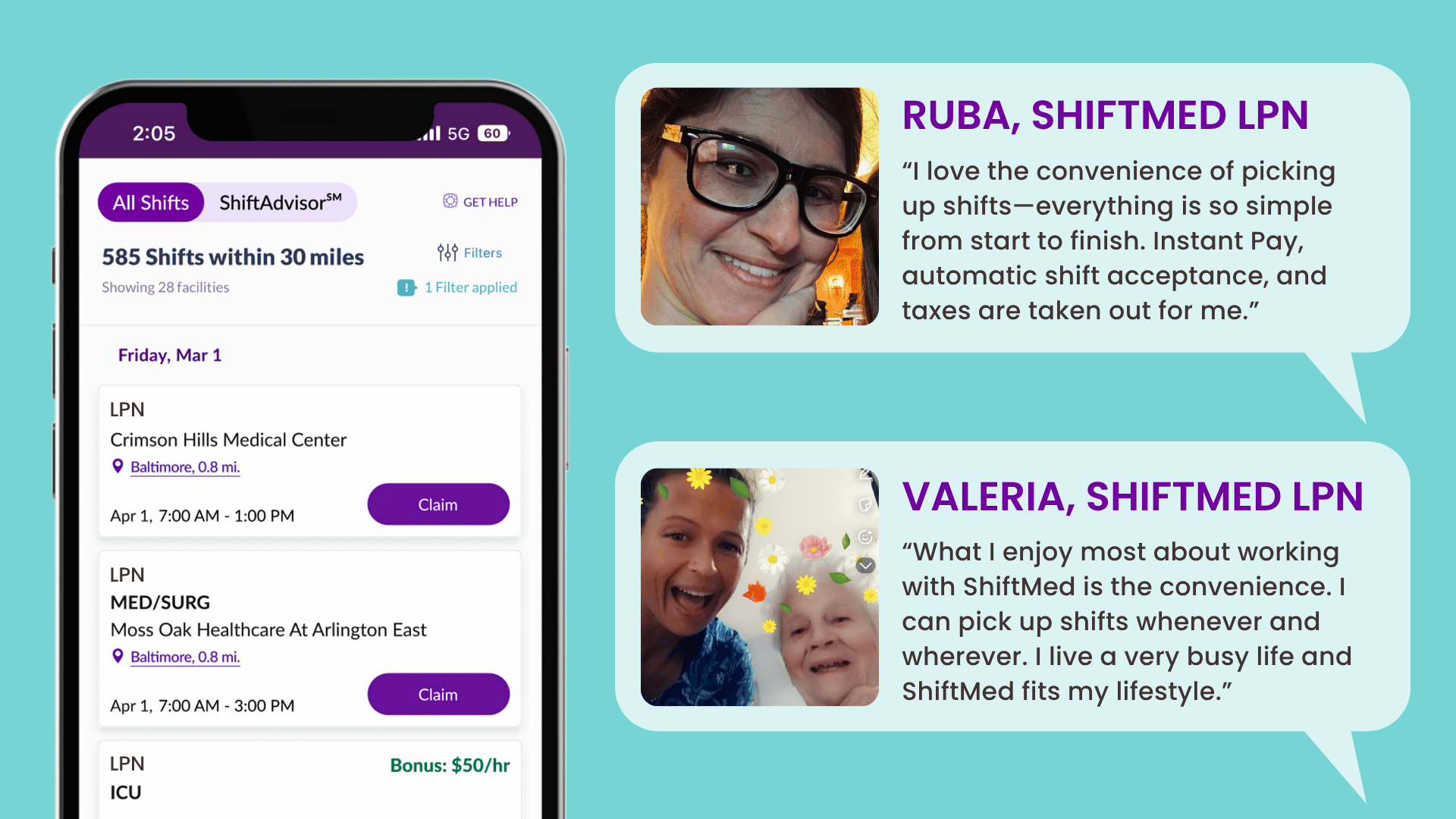 An image of the ShiftMed app highlighting flexible LPN/LVN shifts, paired with real testimonials from LPNs who love the convenience and Instant Pay ShiftMed offers."