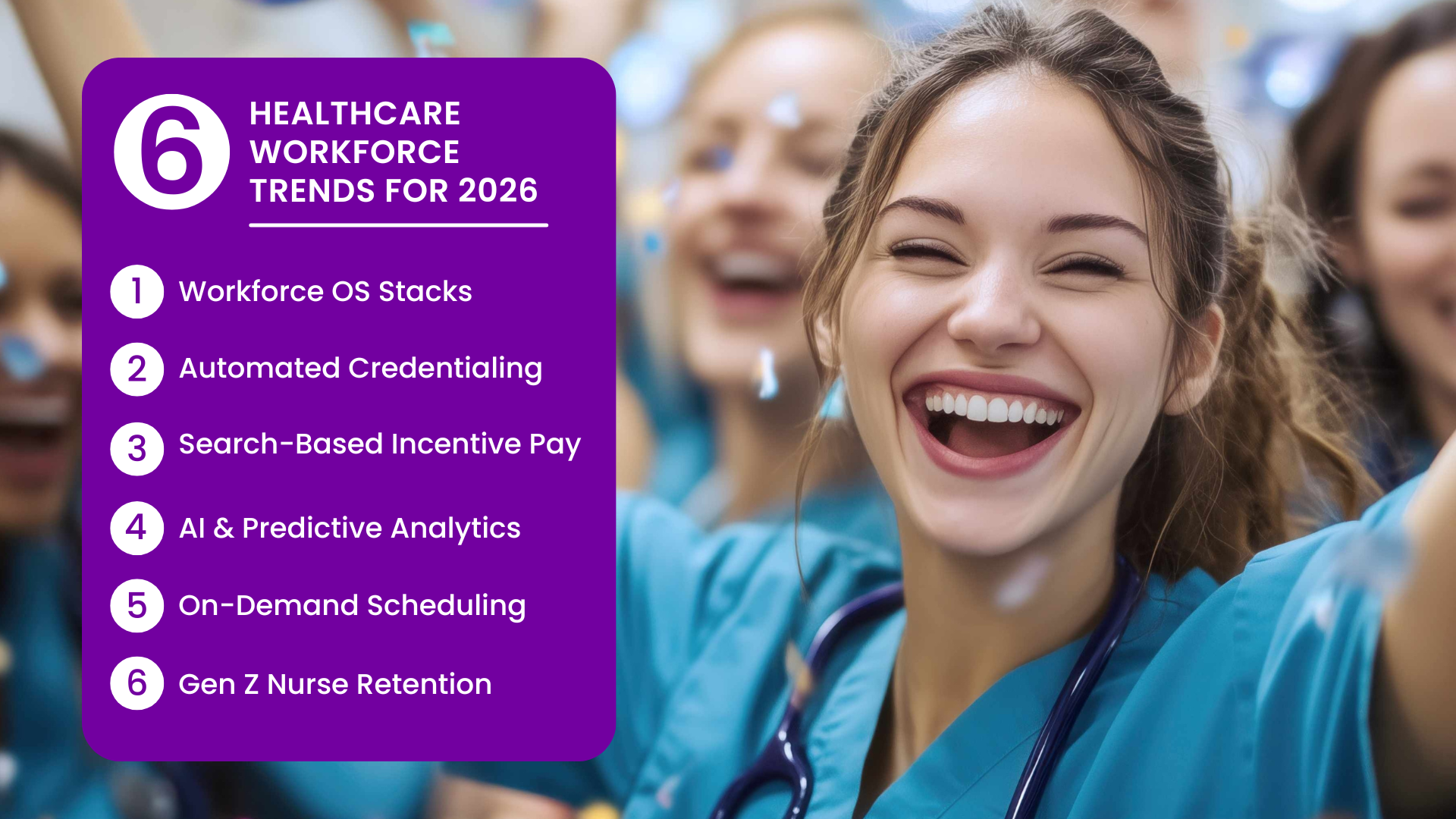 A group of nurses celebrating with a graphic overlay that lists the six healthcare workforce trends for 2026: workforce OS stacks, automated credential verification, search-based incentive pay, AI and predictive analytics, on-demand scheduling, and Gen Z nurse retention.