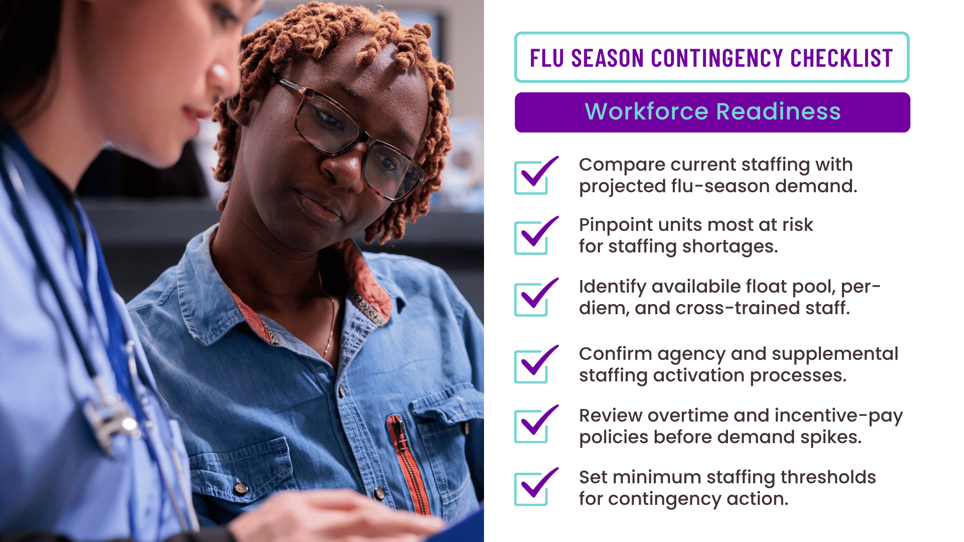 Nurse speaking with a patient as hospital leaders prepare nursing staff for flu-season demand and staffing shortages.