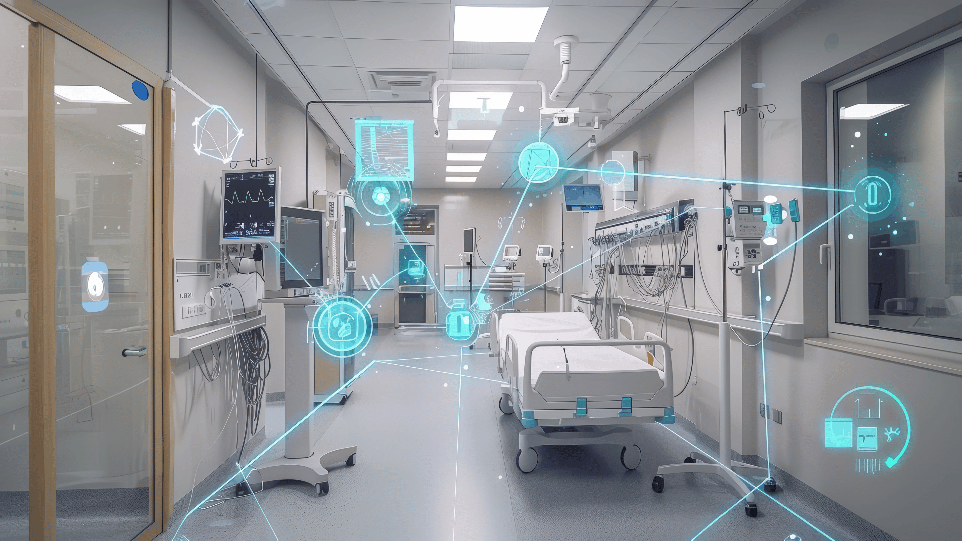 An image of a hospital hallway with a technology overlay to represent all the different areas of healthcare that AI helps power.