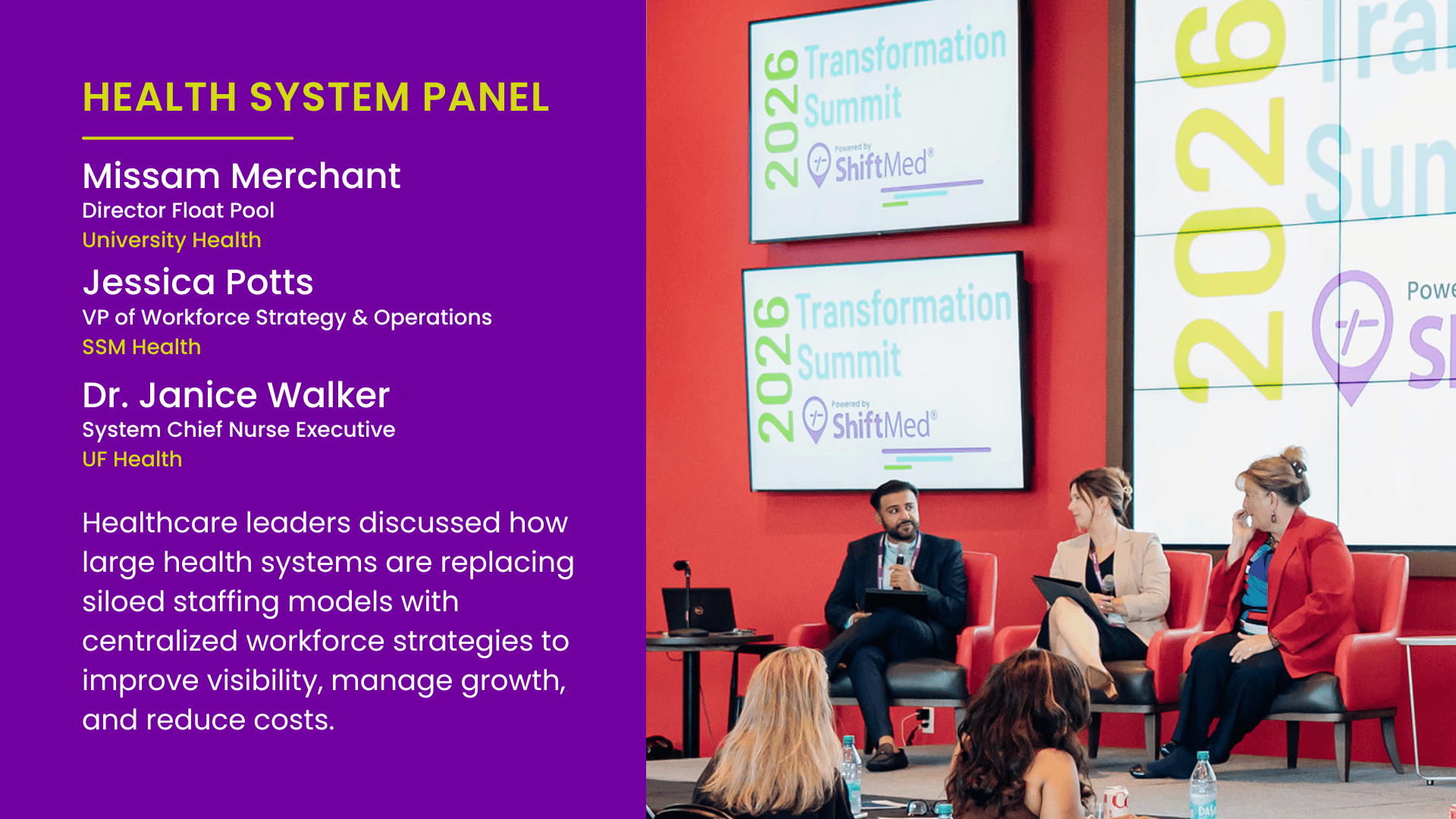 Health system leaders from University Health, SSM Health, and UF Health discussing workforce operations at ShiftMed’s 2026 Transformation Summit.