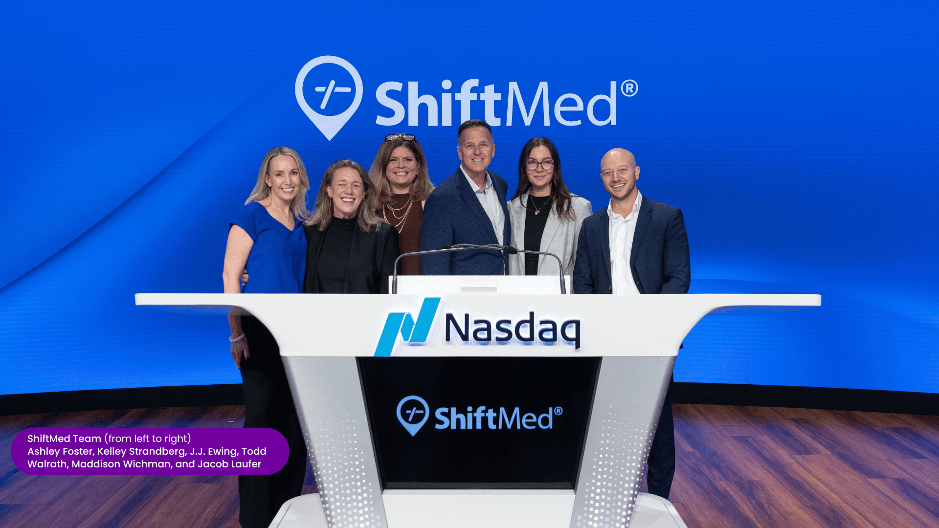 The ShiftMed team stands at the Nasdaq podium during the 2025 Workforce Innovation Summit held in New York City.