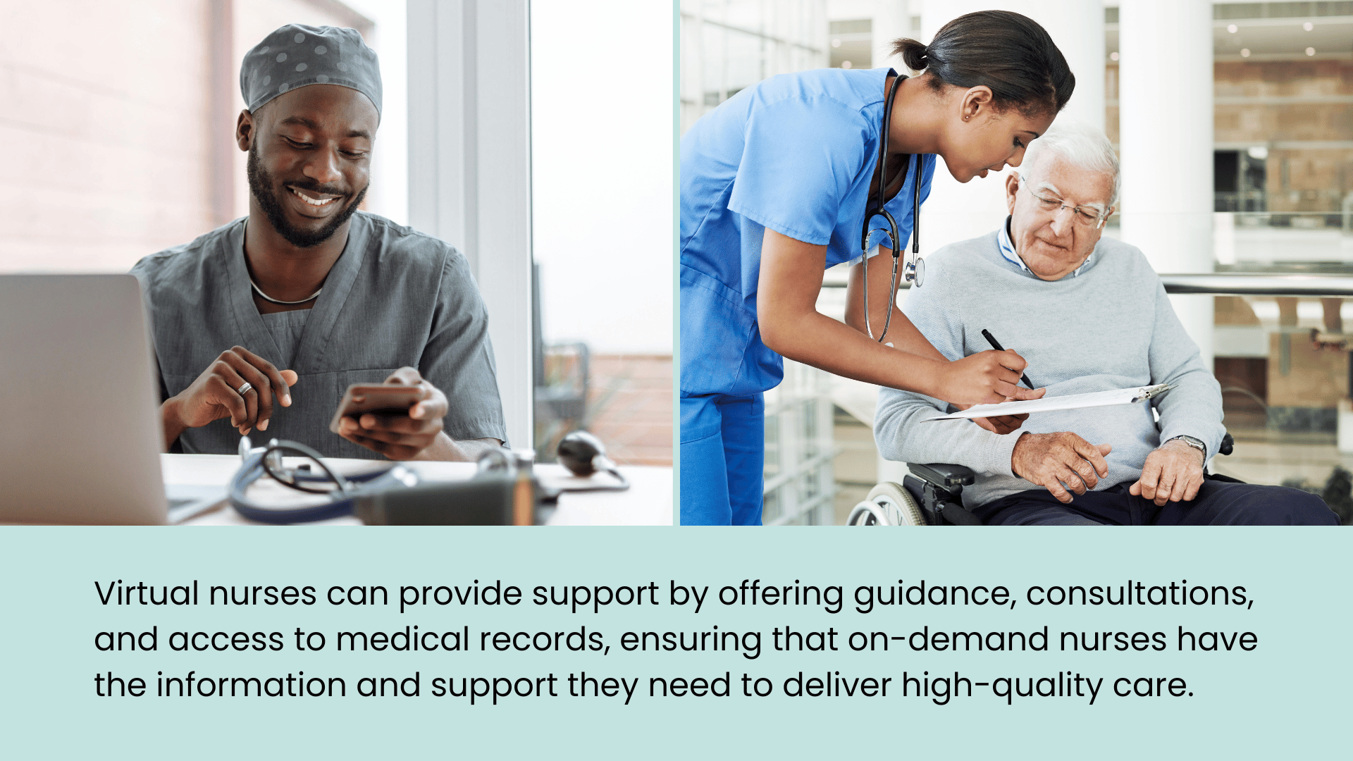 A side-by-side image of a virtual nurse supporting an on-demand nurse in taking care of an elderly patient.
