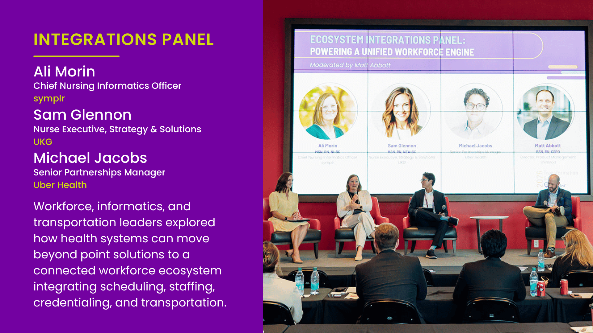 Leaders from symplr, UKG, and Uber Health discussing connected workforce ecosystems at ShiftMed’s 2026 Transformation Summit.