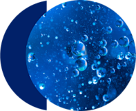 Bubbles floating in clear blue liquid.