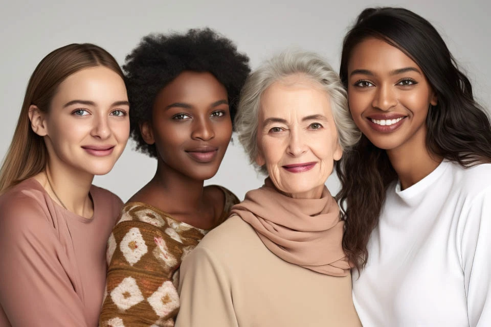 Four people of diverse backgrounds standing together.