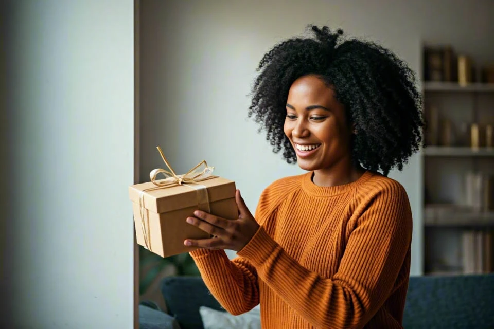 Person in an orange sweater holding a wrapped gift box in a room with shelves.