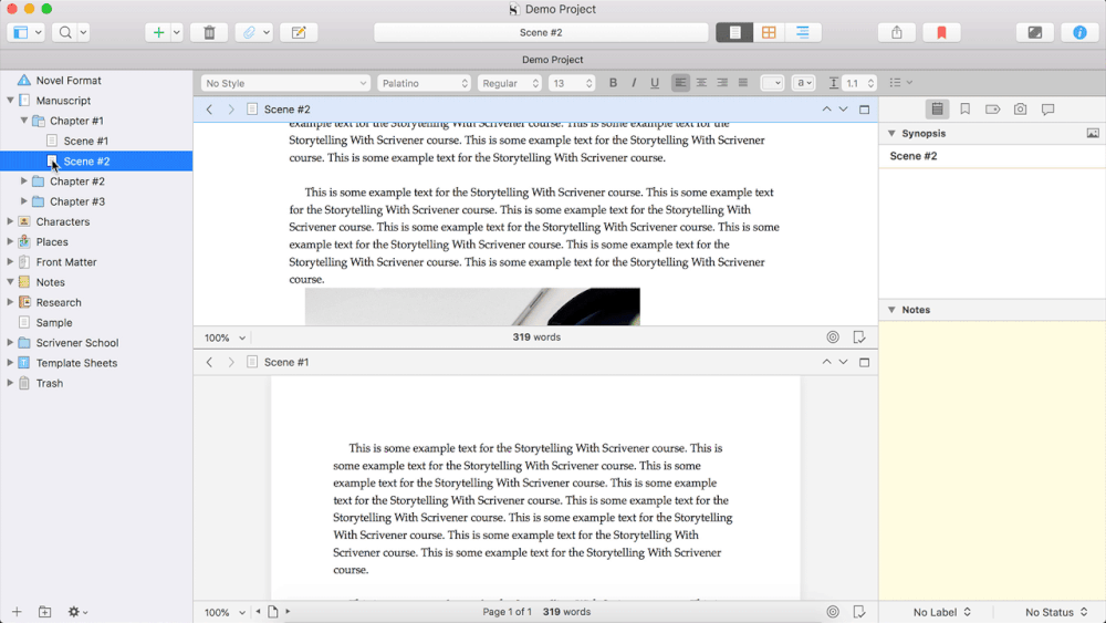 Scrivener work on two documents example