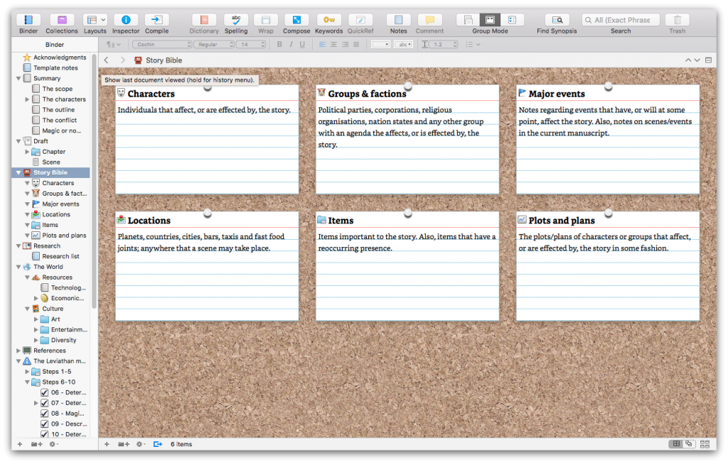 Scrivener cord board example