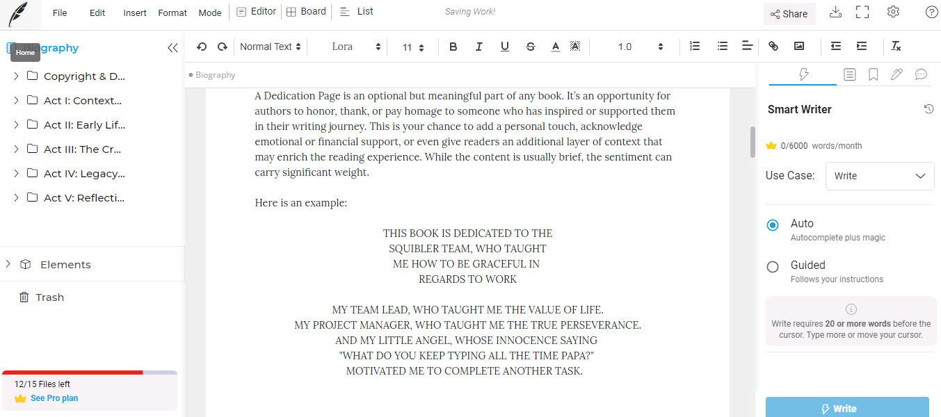 Autobiographical novel template with well developed characters