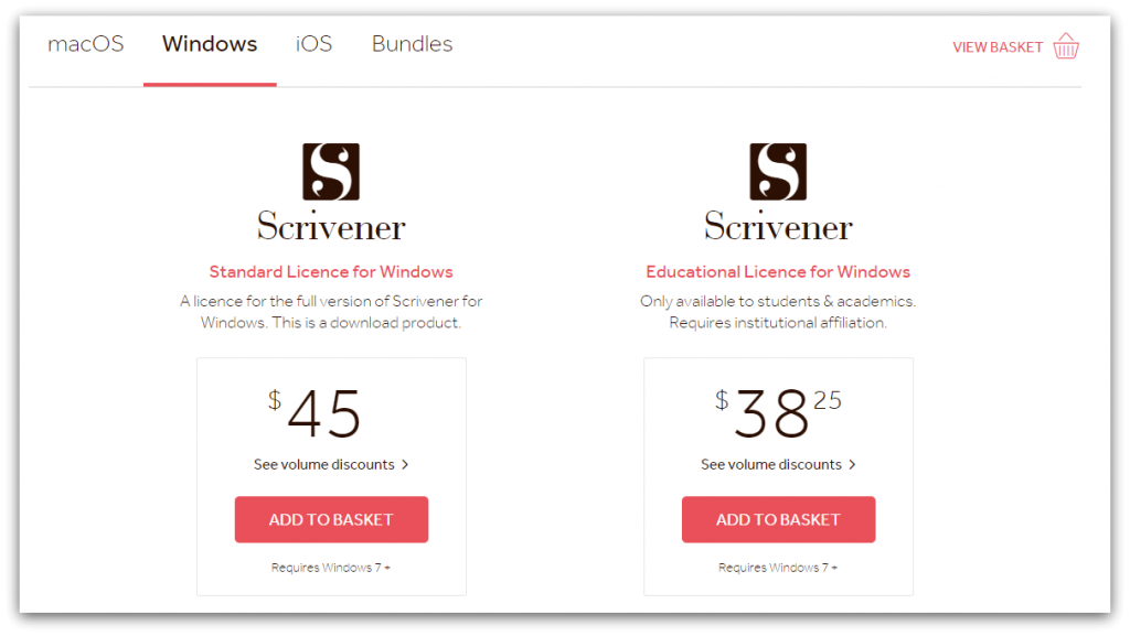 scrivener pricing page screenshot