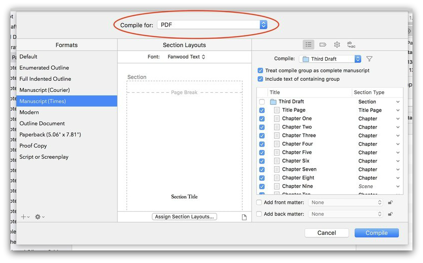 Scrivener compile feature in action