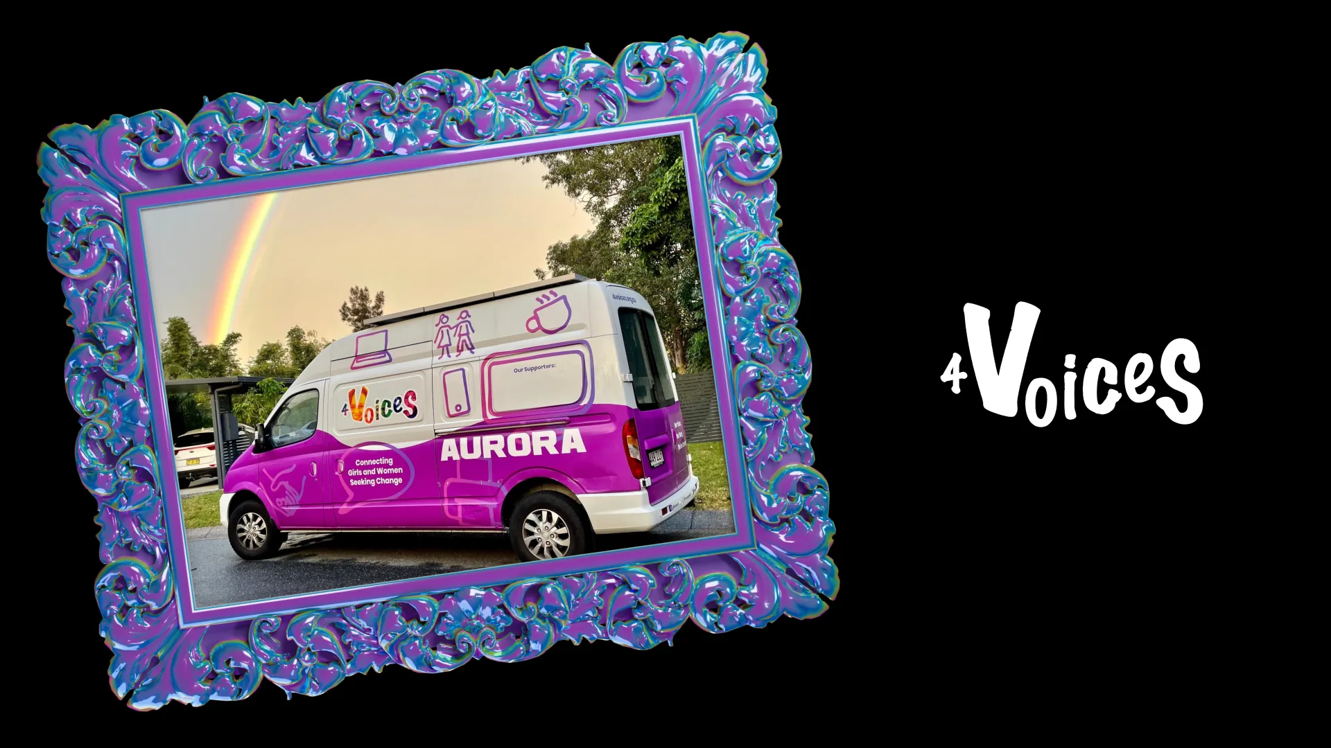 A framed image of the 4 Voices van, named Aurora, next to the 4 Voices logo.