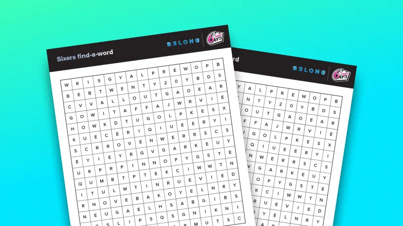 Two overlapping word search puzzles titled 'Sixers find-a-word,' featuring uppercase letter grids on a turquoise gradient background with team branding and the word 'BELONG.'
