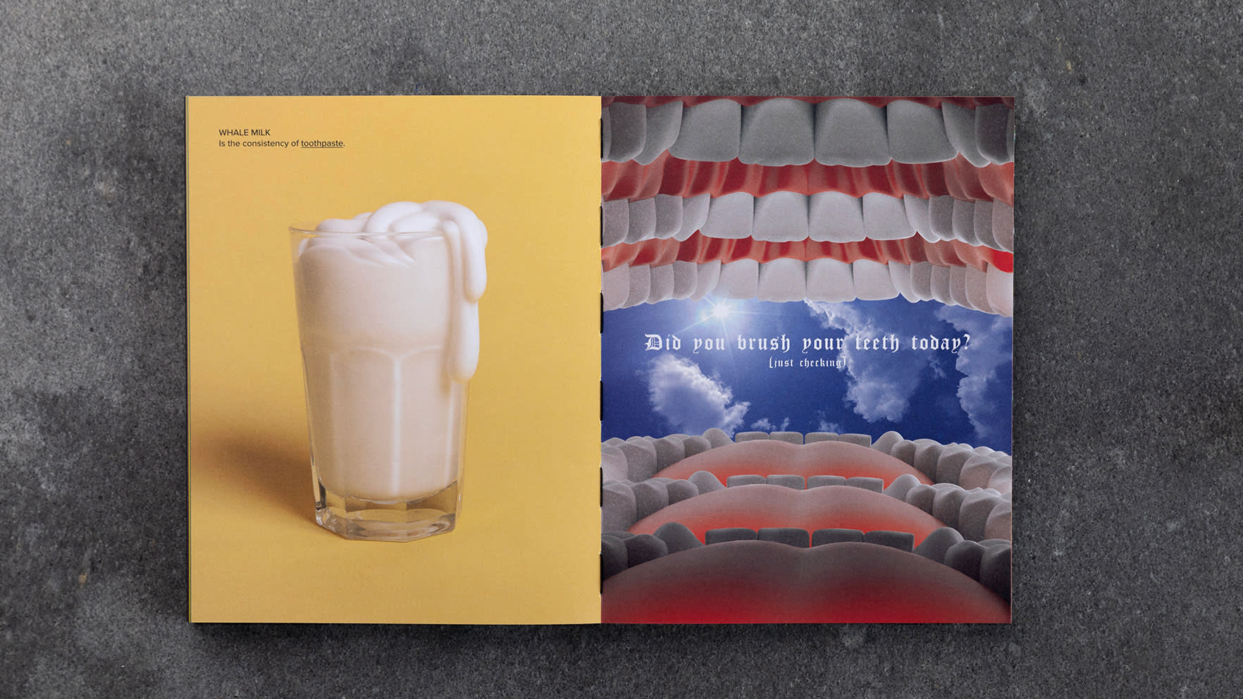 Two pages open from the book of Limbo. The first page is a glass of white thick liquid with the title “Whale Milk is the consistency of toothpaste”. The second page is an image of the inside of a mouth with three rows of teeth and the title “Did you brush your teeth today (just checking)”.