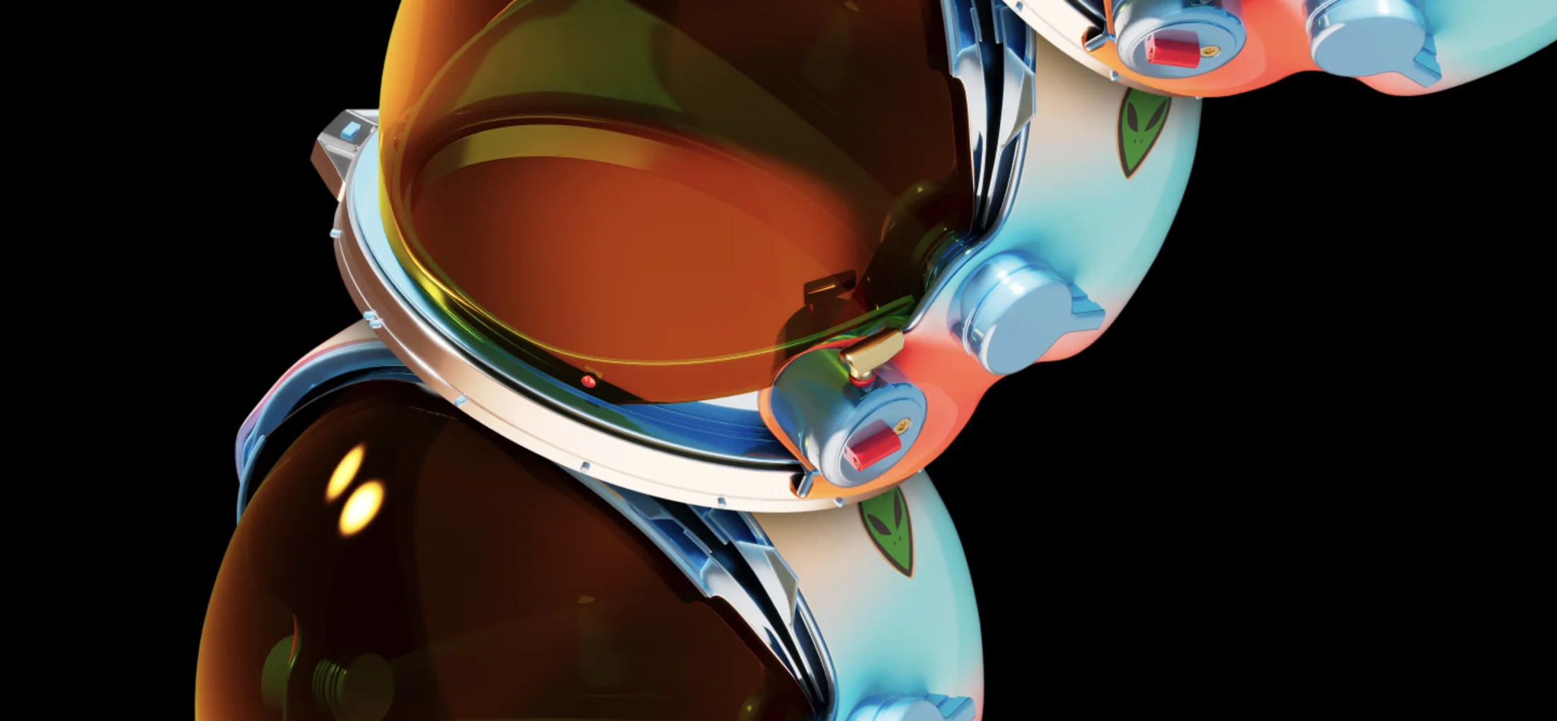Neon space helmets with burnt orange visors.