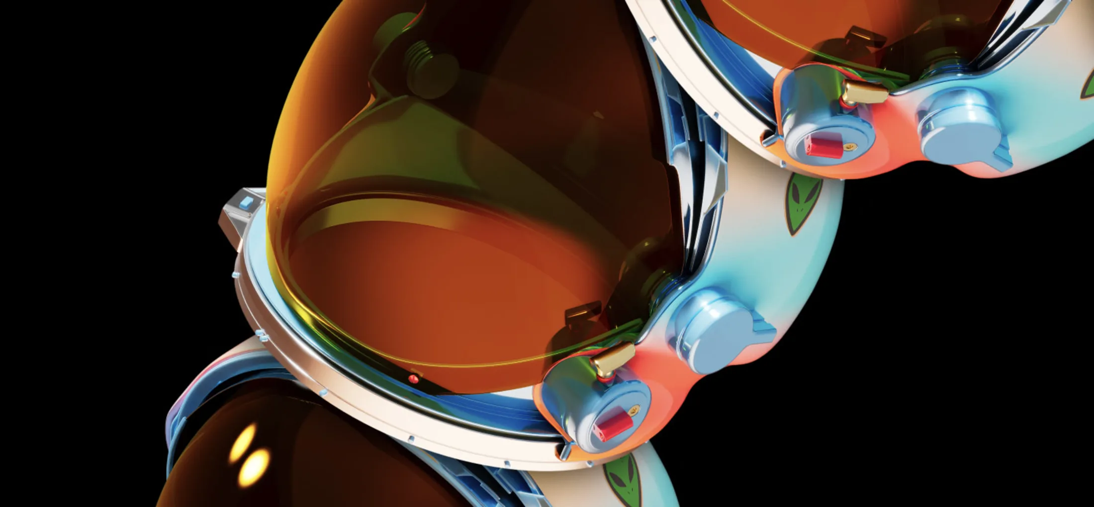 Neon space helmets with burnt orange visors.